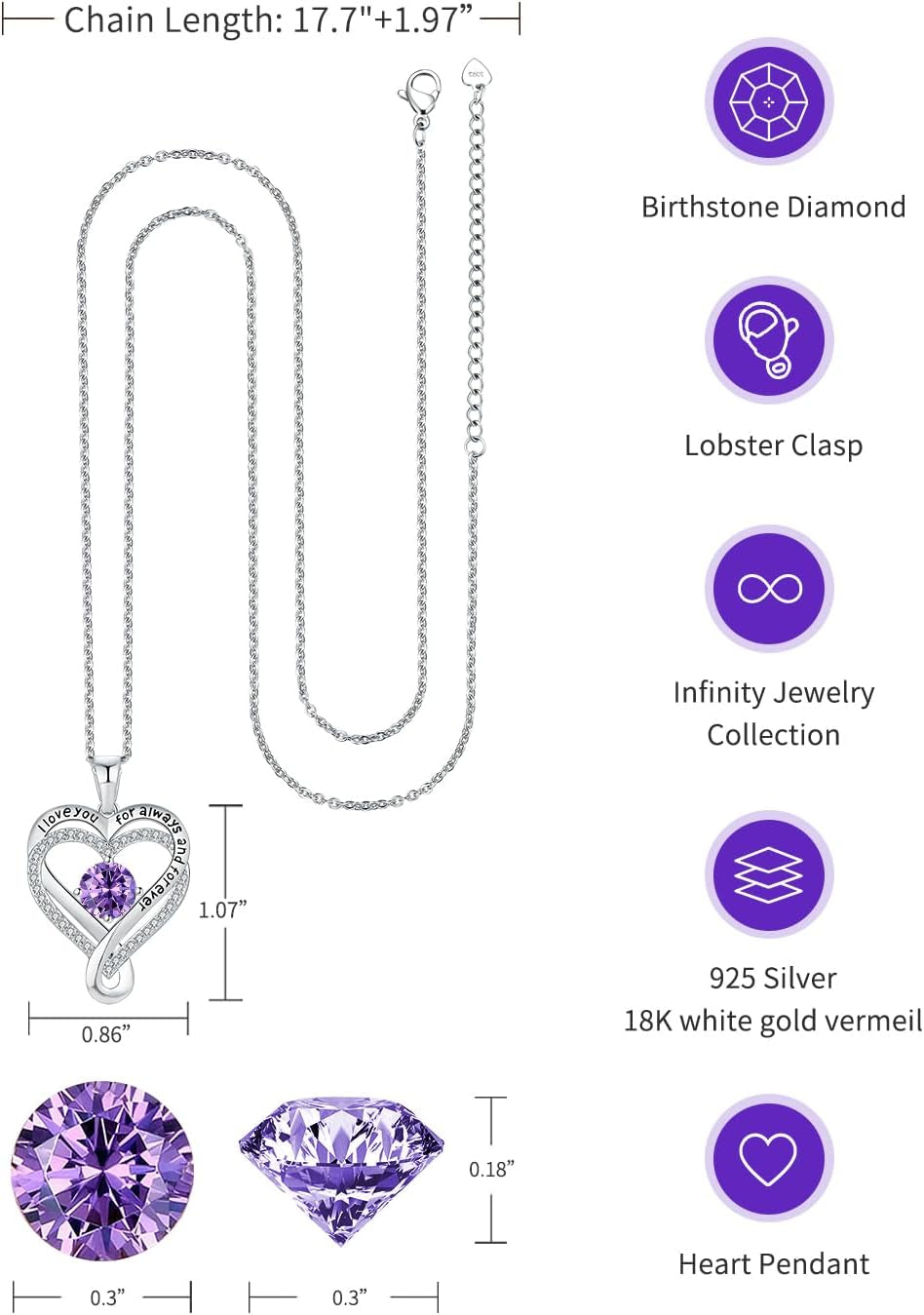 Jewelry for Women Wife Infinity Heart Birthstone I Love You Necklace S925 Anniversary Women Necklaces for Her Wife Birthday Gift Ideas, Birthday Present for Girlfriend Mom Daughter Sterling Silver
