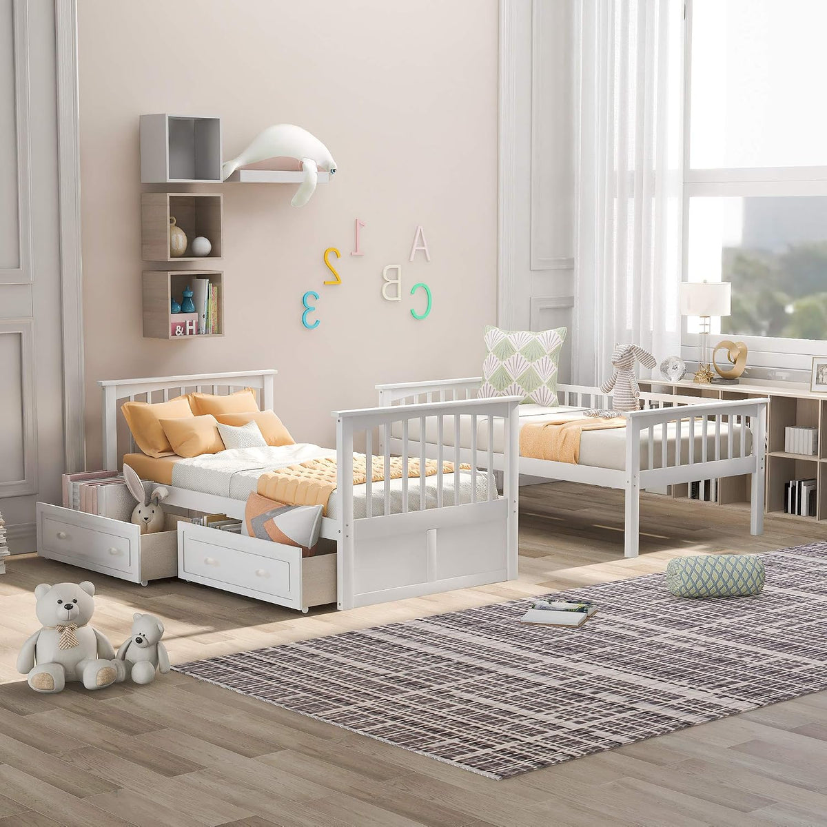 Boden Twin over Twin Bunk Bed with Drawers, Twin Bunk Beds, Convertible Platform Beds, Wooden Beds Frame with Storage Drawers, No Box Spring Needed, Space Saving for Small Apartment, White