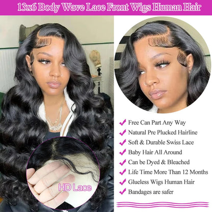 32 Inch 13X6 Body Wave Lace Front Wigs Human Hair Pre Plucked Glueless Wigs Brazilian Virgin Lace Front Wig HD Frontal Wigs Human Hair 13X6 Lace Front Wigs for Women Natural Black 200% Density