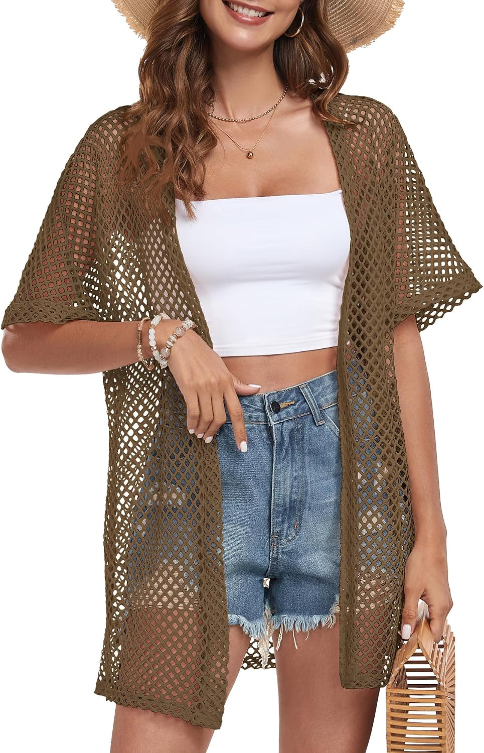 Women Swimsuit Coverup Crochet Beach Cover up Short Sleeve Kimono Cardigans
