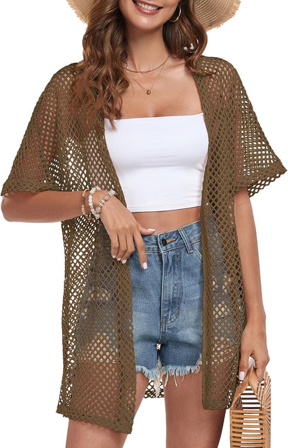 Women Swimsuit Coverup Crochet Beach Cover up Short Sleeve Kimono Cardigans