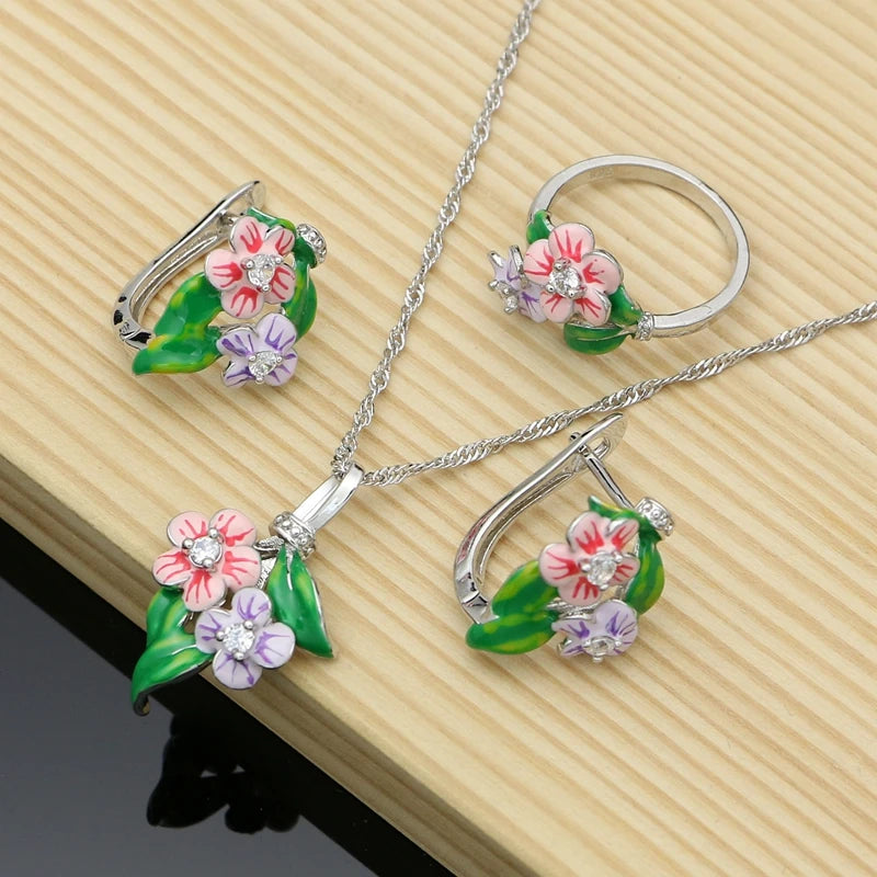 Vintage Jewelry Sets Purple Enamel Orchids 925 Sterling Silver Earrings Ring for Women Wedding Party Dropshipping