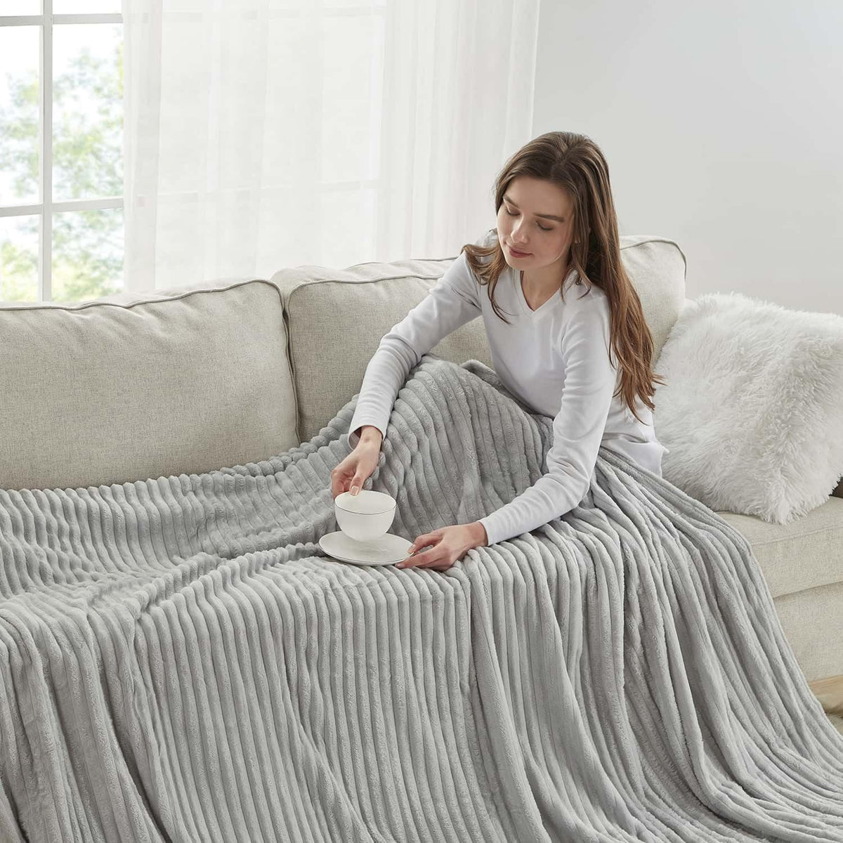 Light Grey Throw Blanket for Couch - Cozy Warm Fuzzy Blankets for Women, Set of 2 Small Fleece Throws for Girls - Silver, 50 X 60 Inches