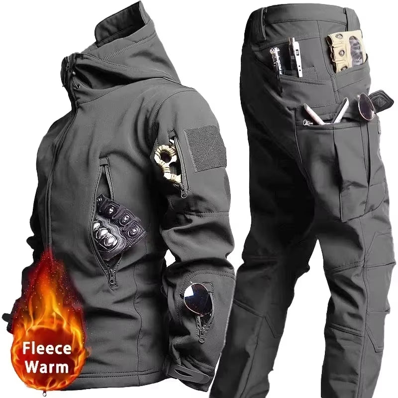 NEW Camo Fleece Warm Sets Winter Soft Shell Tactical Jacket Cargo Pant Outdoor Multi-Pocket Waterproof Hunting Suit