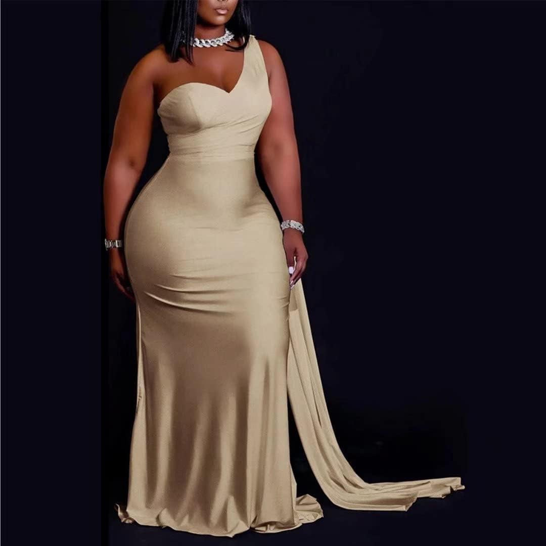 Womens plus Size Party Dress off Shoulder Dress Sleeveless Bodycon Satin Evening Pencil Maxi Dresss Champagne 2X