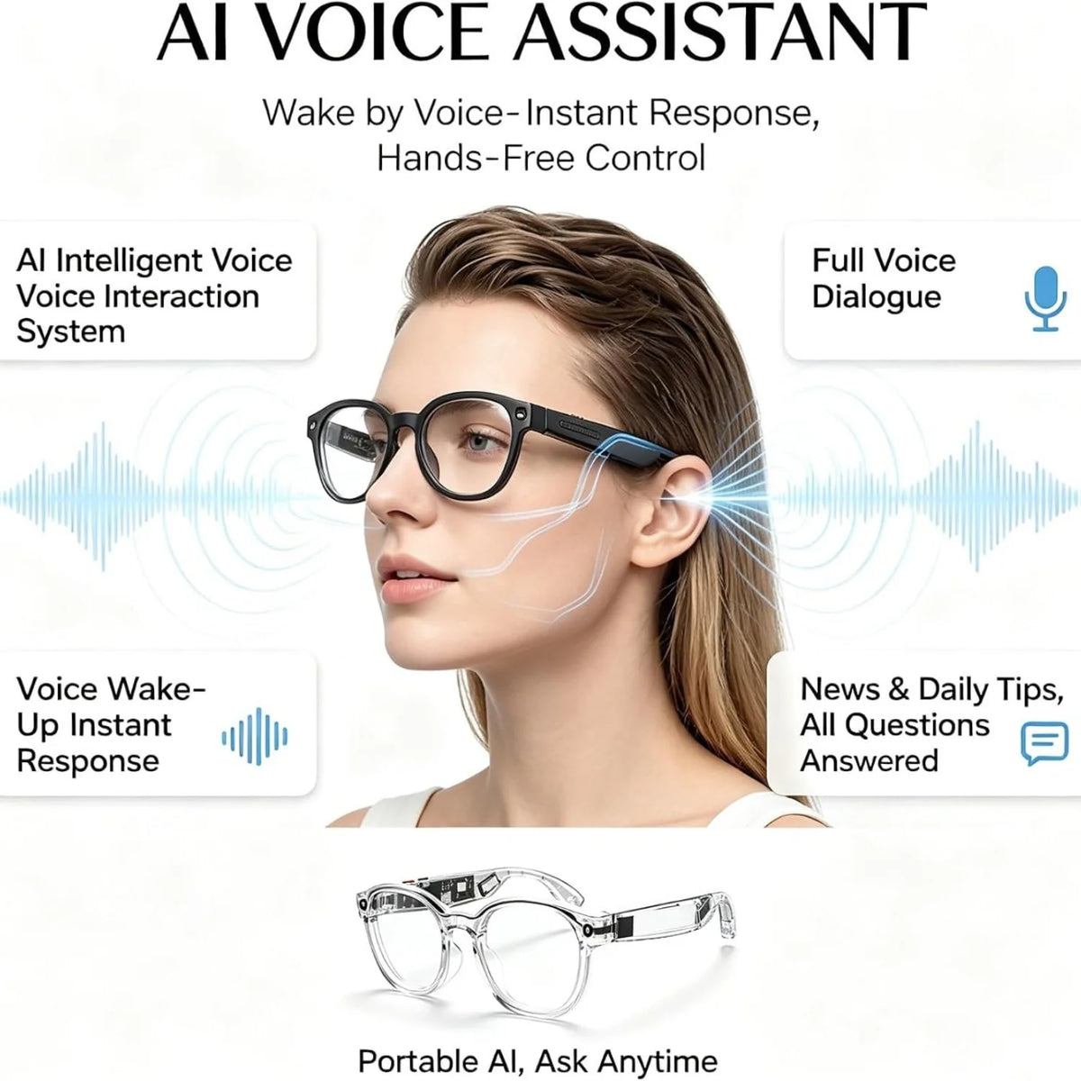 AI Smart Glasses Pink Transparent Frame 8MP Camera 1080P HD Video Recording