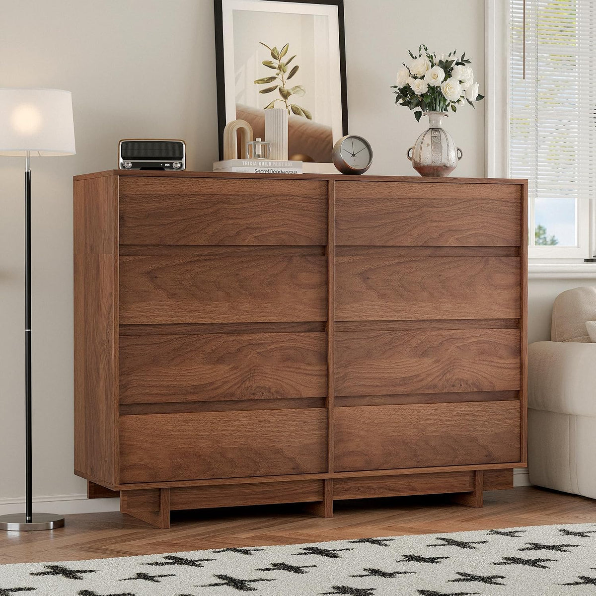 8 Drawer Walnut Dresser for Bedroom, 53" Wide Mid Century Modern Dresser