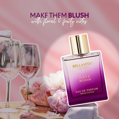 Bellavita Luxury DATE Eau De Parfum | 100 Ml (3.4 Fl.Oz.) | Perfume for Women | Floral, Pink Pepper, Jasmine, and Moss Notes | Long Lasting Fragrance