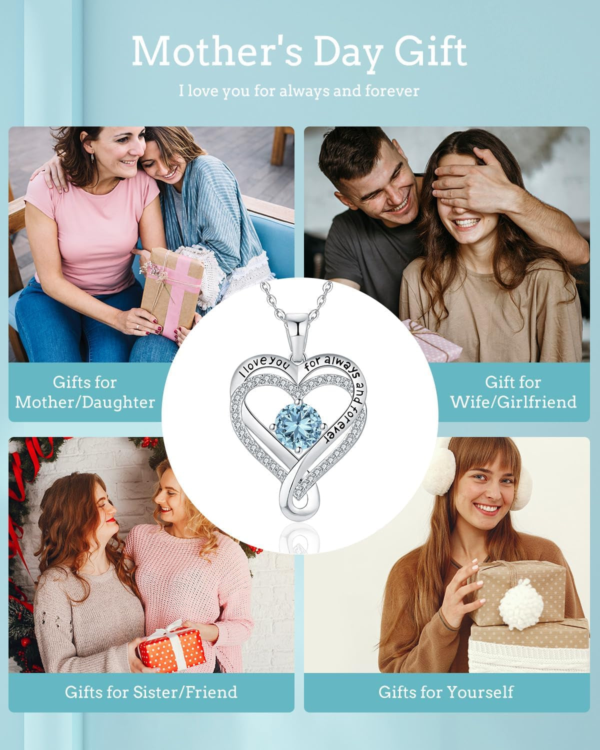 Jewelry for Women Wife Infinity Heart Birthstone I Love You Necklace S925 Anniversary Women Necklaces for Her Wife Birthday Gift Ideas, Birthday Present for Girlfriend Mom Daughter Sterling Silver