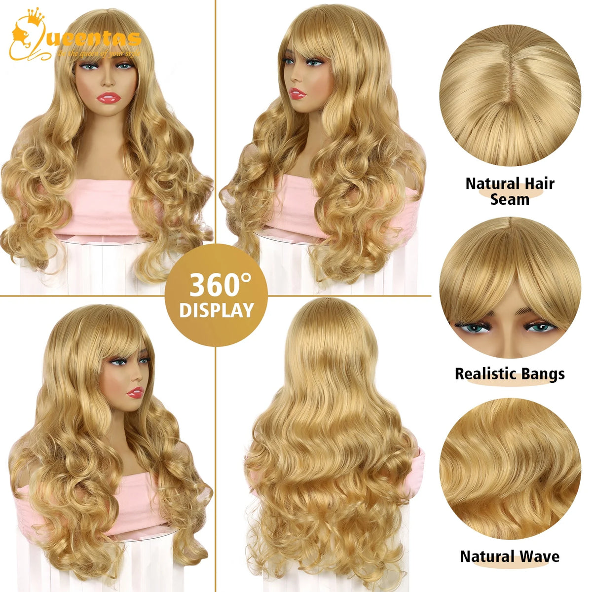 24" Long Blonde Wigs for Women Deep Wave Wig Synthetic Honey Blonde Wig Curly Bob Wigs with Bangs for Halloween