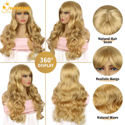 24" Long Blonde Wigs for Women Deep Wave Wig Synthetic Honey Blonde Wig Curly Bob Wigs with Bangs for Halloween