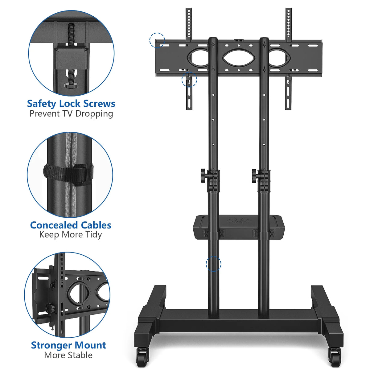 Rolling TV Cart Stand with Wheels for 32 to 83 Inch Screens, Adjustable Height Mobile TV Mount Rack Portable Floor Stand for Bedroom