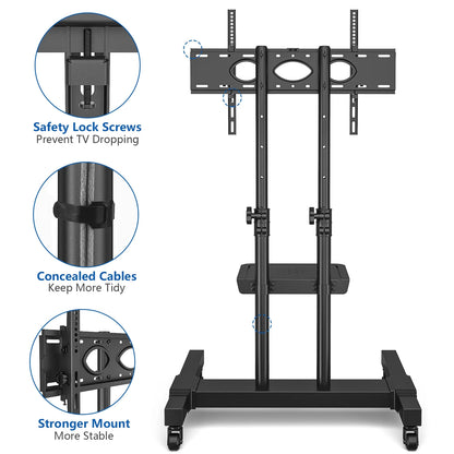 Rolling TV Cart Stand with Wheels for 32 to 83 Inch Screens, Adjustable Height Mobile TV Mount Rack Portable Floor Stand for Bedroom