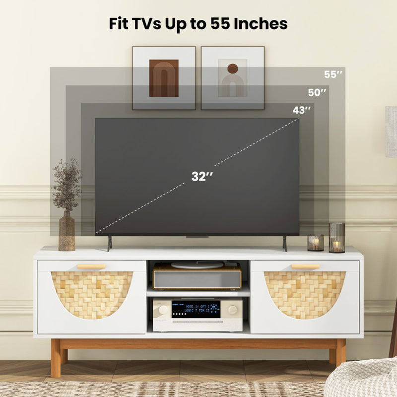 Mid Century Modern TV Stand Entertainment Center for 55-Inch TV with 2 Drawers and Bamboo Woven Fronts