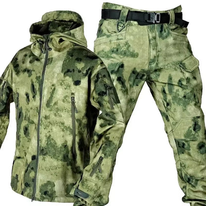 Winter Thicken Men Camo Suit Waterproof Tactical Training Set Multi-Pocket Hooded Jacket Fleece Pants Outdoor Hunting 2-Piece