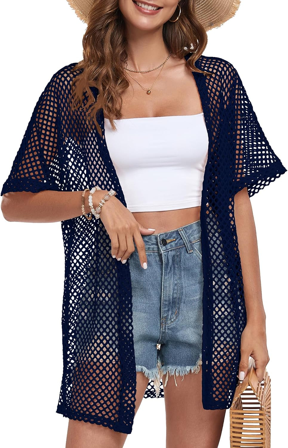 Women Swimsuit Coverup Crochet Beach Cover up Short Sleeve Kimono Cardigans