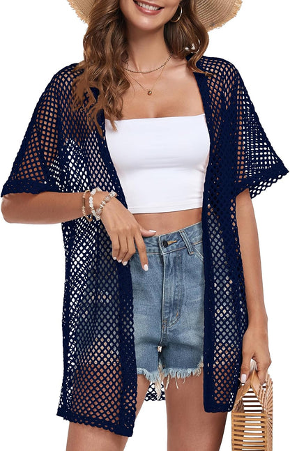 Women Swimsuit Coverup Crochet Beach Cover up Short Sleeve Kimono Cardigans