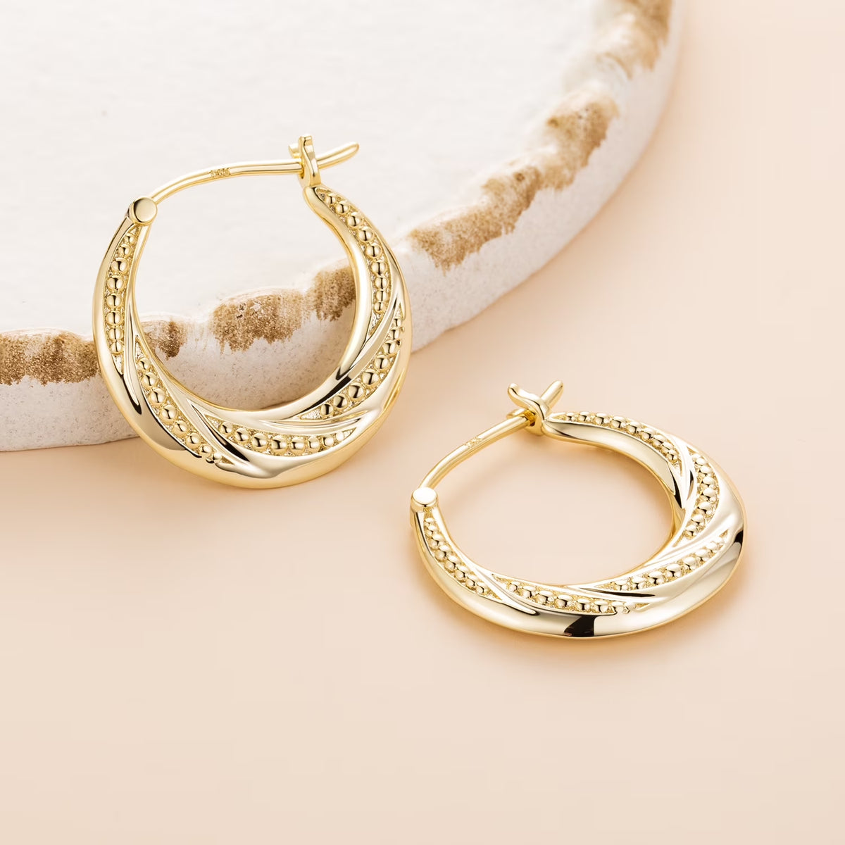 Elegant 14K Gold Hoop Earrings for Women Lightweight Small Gold Hoops with Textured Bead Detail, Hypoallergenic 22Mm Huggie Style Gold Plated Earrings, Everyday Jewelry Gift for Her