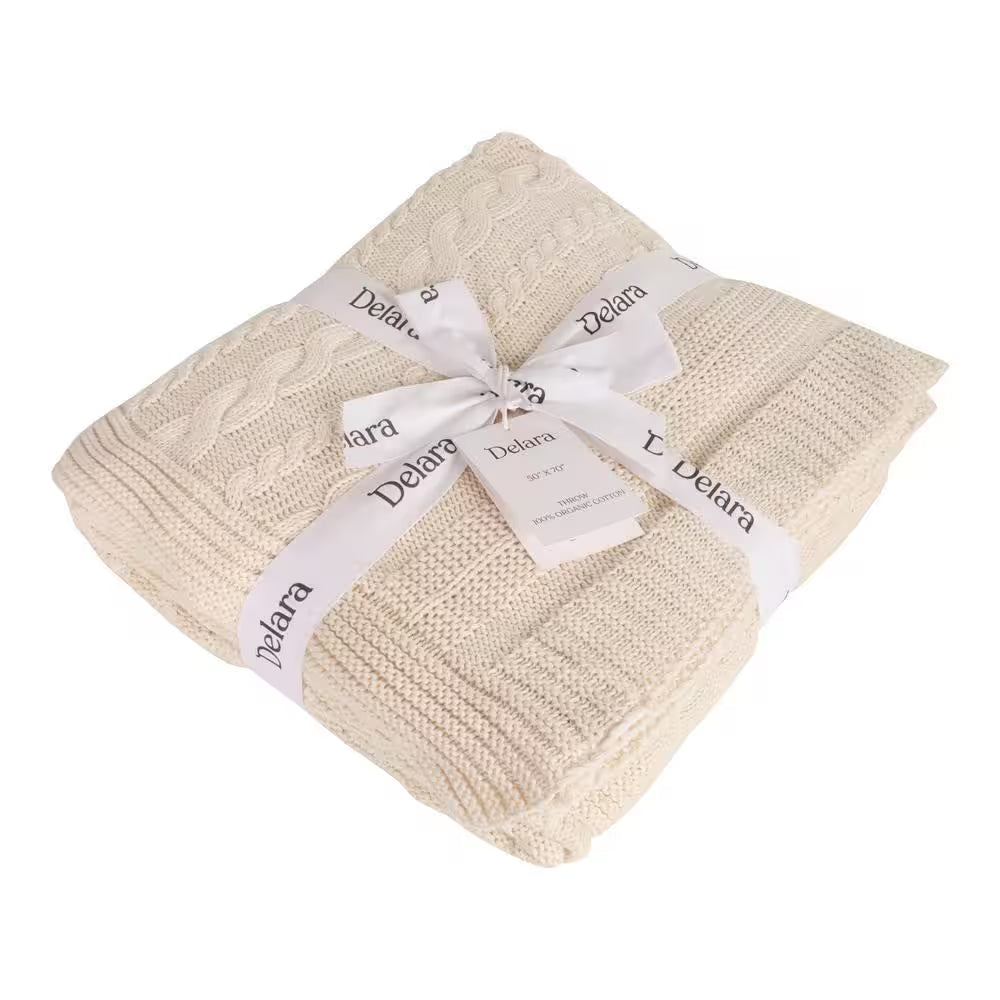 GOTS Certified Organic Cotton Throw Blanket Natural 50 In. X 70 In. for Sofa Couch Bed, Cable Knitted Throw Blanket