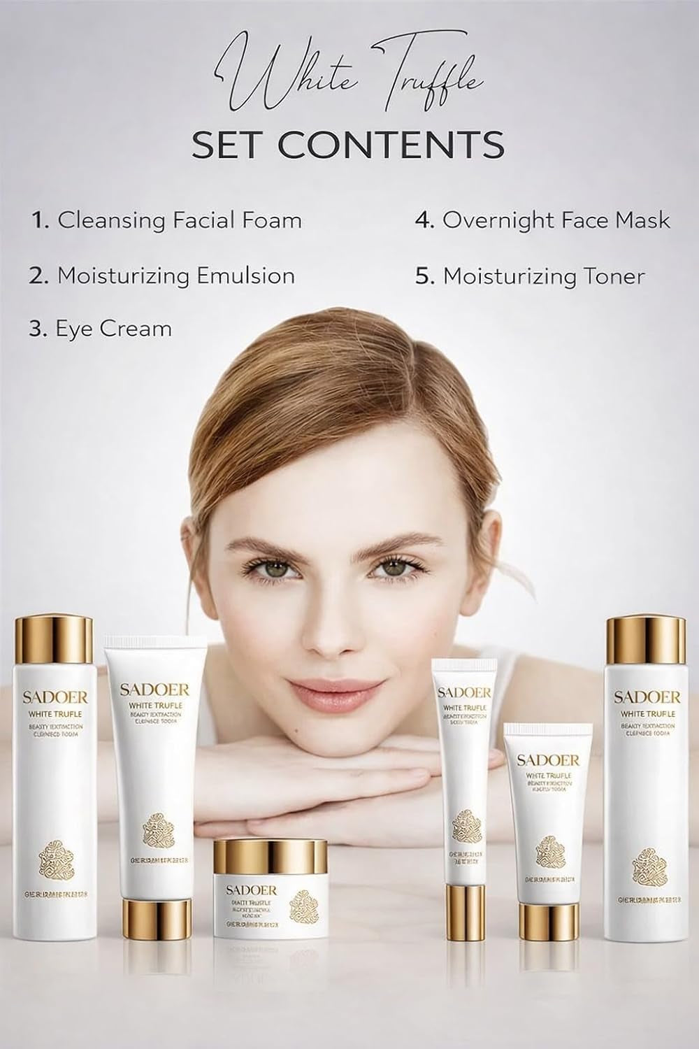 White Truffle Skincare Set for Women, 6-Piece Facial Care Routine with Cleanser, Toner, Lotion, Cream, Eye Cream &amp; Sleep Mask, Hydrating Nourishing Beauty Gift Set