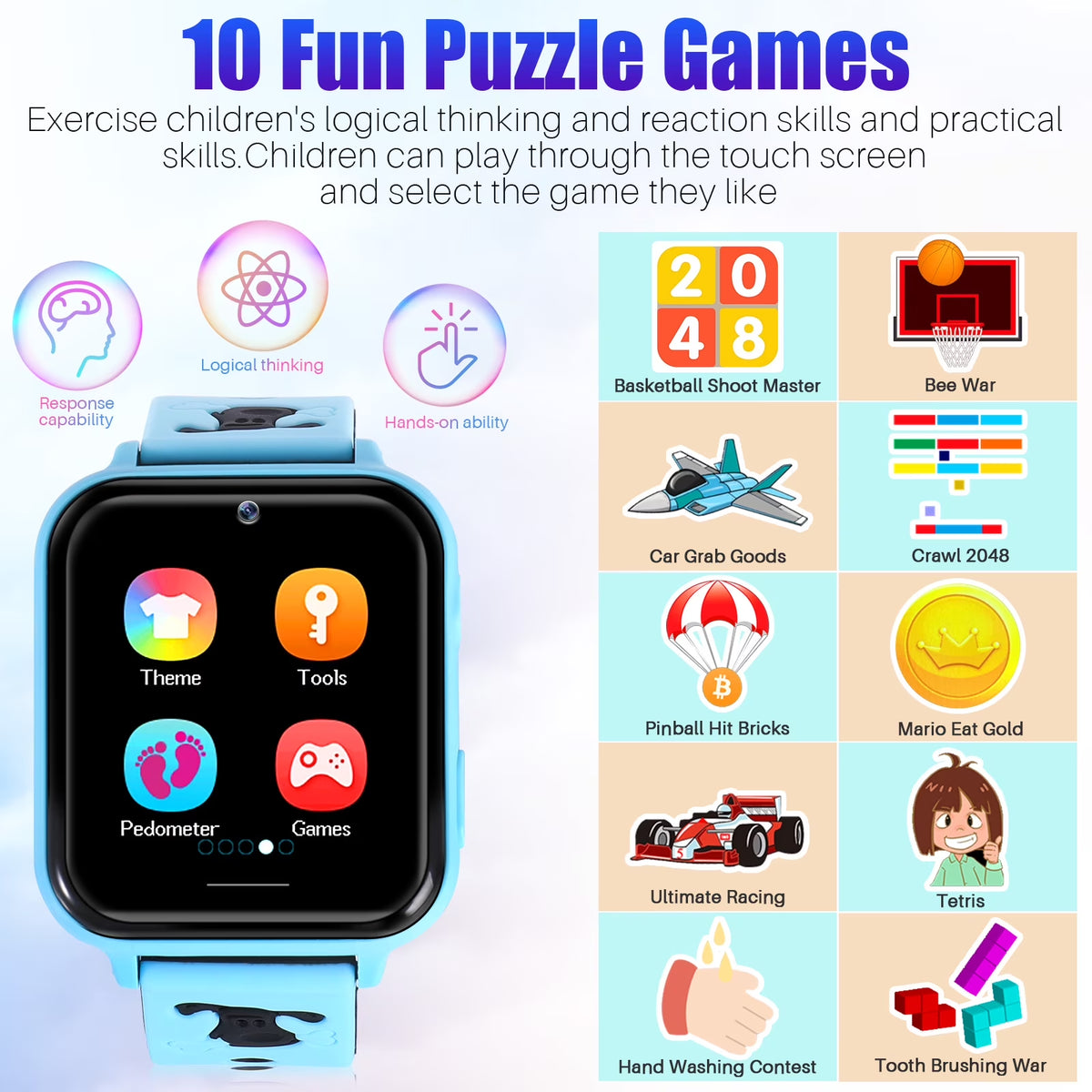 Kids Smart Watch Phone, HD Touch Screen Smartwatch with Music MP3 Player, Video Recorder, Camera, Games, SOS, (Build-In 1GB SD Card) Sport Wrist Watch for Age 3-14 Boys Girls Gifts (Blue)