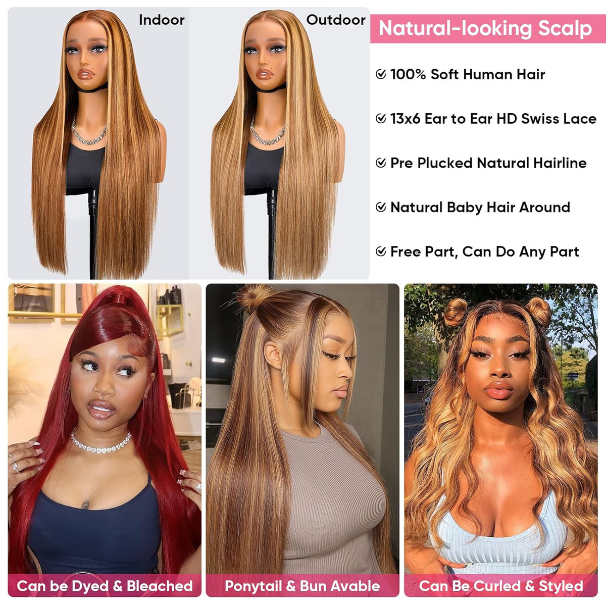 13X6 Ombre Lace Front Wig Human Hair Highlight Straight Wig 30 Inch