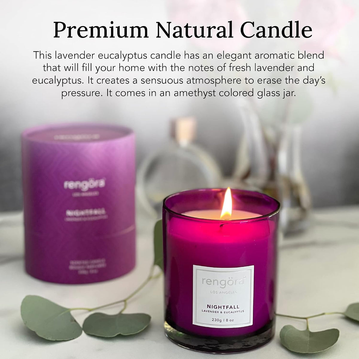 Lavender &amp; Eucalyptus Scented Candle – 8Oz Soy Wax, Clean Burning, Long‑Lasting Magenta Glass Jar, Aromatherapy Gift for Women