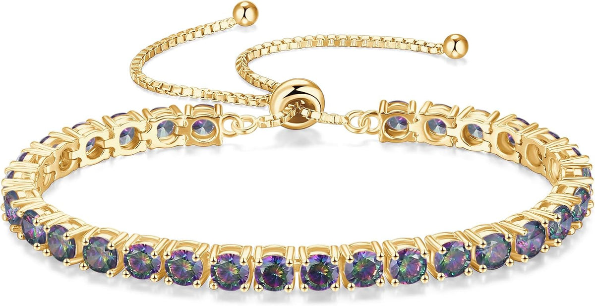 Birthstone Bracelet Jewelry for Women Sterling Silver with Gold Plated Tennis Bracelet Classic Bolo Adjustable Chain Fine Jewelry Anniversary Birthday Gifts for Women Mom Wife Her