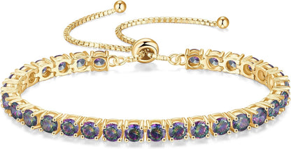 Birthstone Bracelet Jewelry for Women Sterling Silver with Gold Plated Tennis Bracelet Classic Bolo Adjustable Chain Fine Jewelry Anniversary Birthday Gifts for Women Mom Wife Her