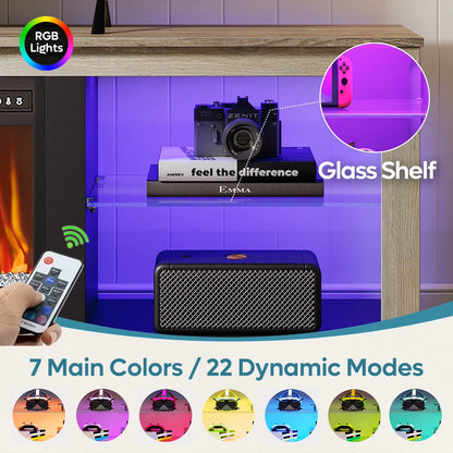 Electric Fireplace TV Stand for 75 Inch Tvs, Fireplace TV Stands for Living Room or Bedroom, LED Entertainment Center with Fireplace, RGB Ambient Lighting, Quick Assembly, Wash White