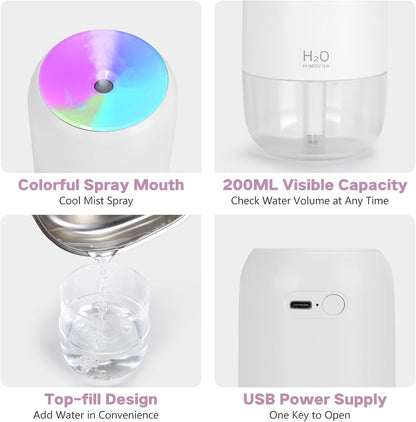 Mini Humidifiers for Bedroom, 200Ml Small Humidifier for Home Plant, Room Humidifiers for Bedroom Auto Shut-Off for Car Office Desktop, Gray White