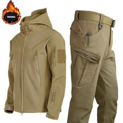 Winter Autumn Tactical Jackets Elastic Men Fleece Waterproof Suits Fishing Warm Hiking Camping Tracksuits Set Hood Coat S-5XL
