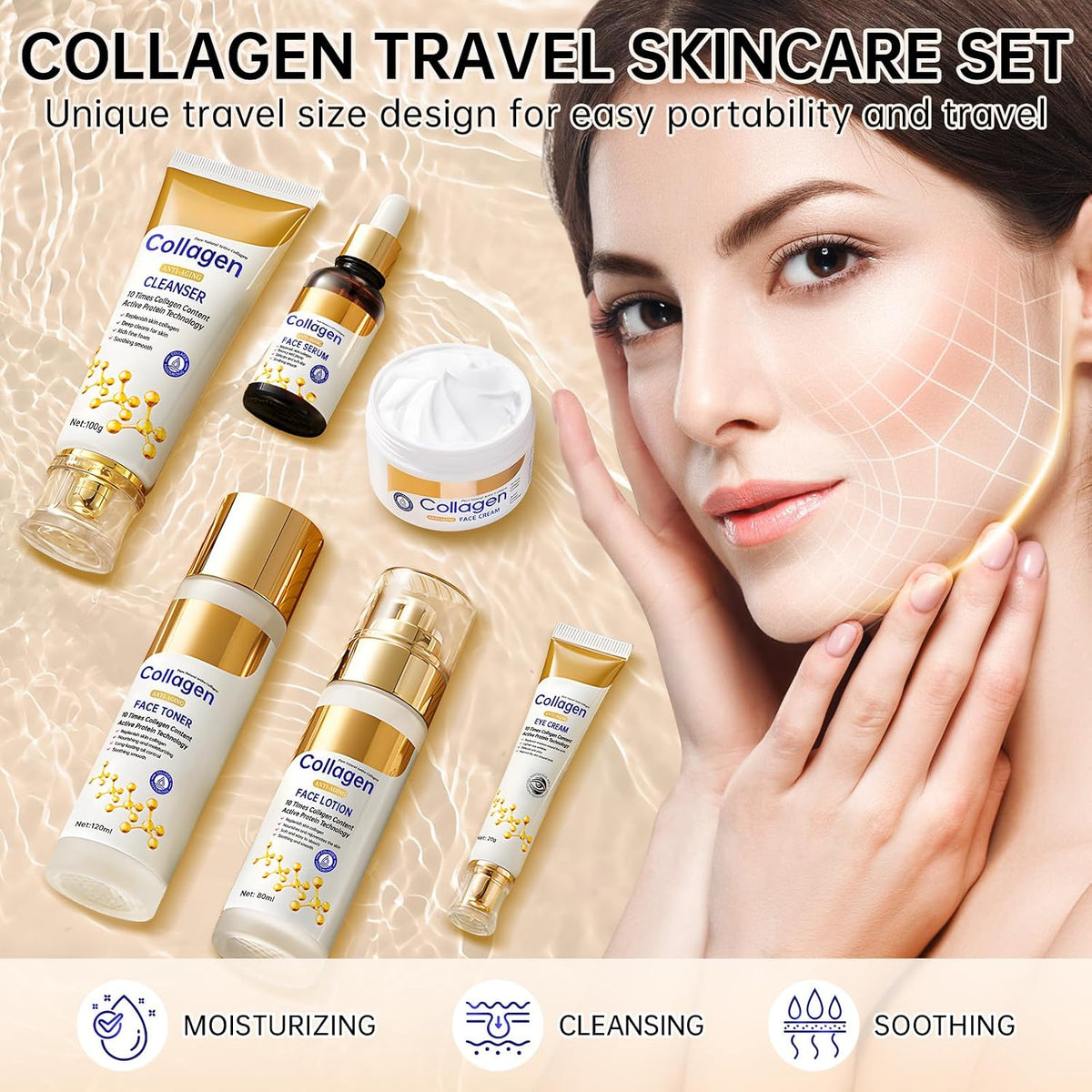 Collagen Skin Care Set, anti Aging Skincare Set for Face, Shrink Pores, Hydrate &amp; Firm Skin, 6 Pcs Individually Packaged Skincare Kits for Women with Cleanser, Toner, Lotion, Serum, Cream, Eye Cream.