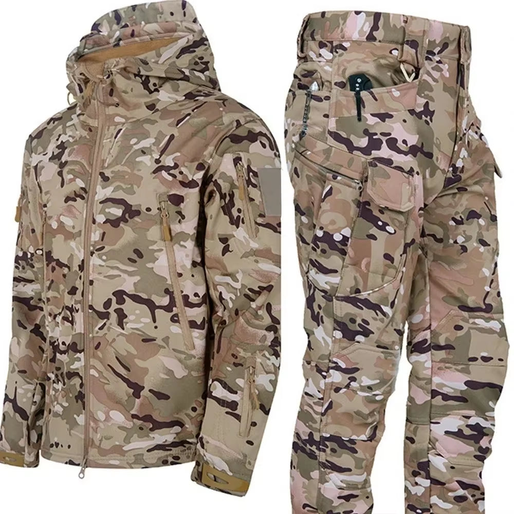 NEW Camo Fleece Warm Sets Winter Soft Shell Tactical Jacket Cargo Pant Outdoor Multi-Pocket Waterproof Hunting Suit