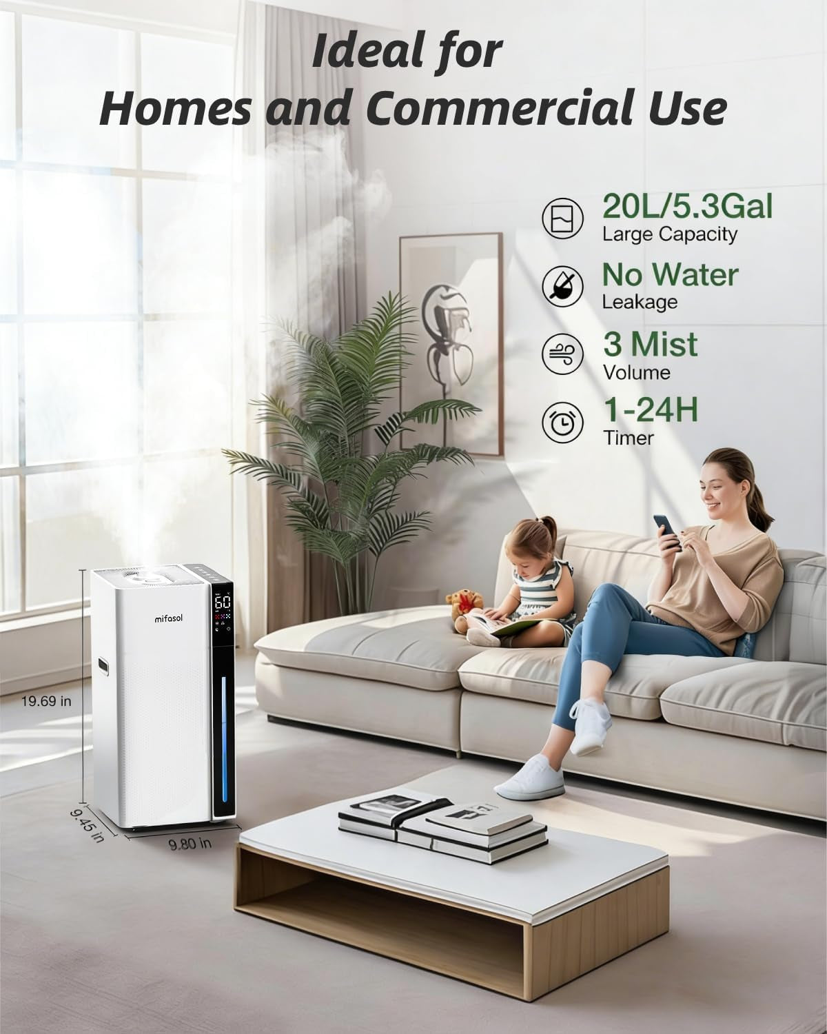 Humidifier Large Room, 5.3Gal/20L Large Room Humidifiers for Home, up to 1500 Sq Ft Whole House Humidifier, Cool Mist Humidifiers for Bedroom Plants Office Commercial Areas, White