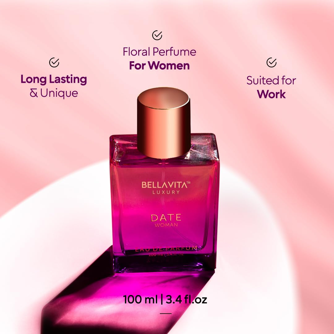Bellavita Luxury DATE Eau De Parfum | 100 Ml (3.4 Fl.Oz.) | Perfume for Women | Floral, Pink Pepper, Jasmine, and Moss Notes | Long Lasting Fragrance