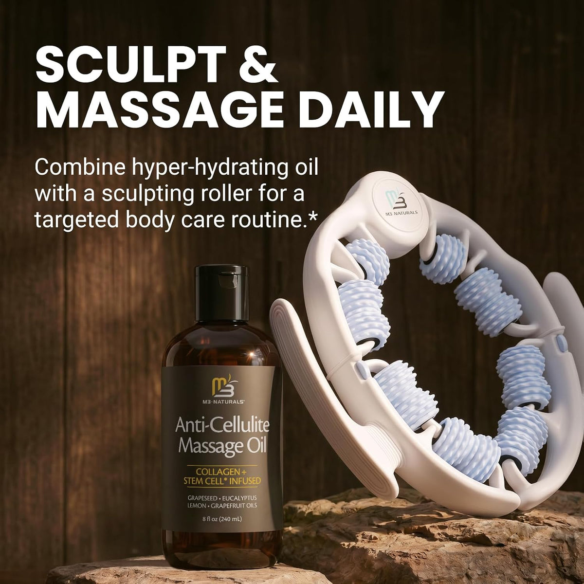 Anti Cellulite Massage Oil &amp; Lymphatic Drainage Massager Kit, 8 Fl Oz by M3