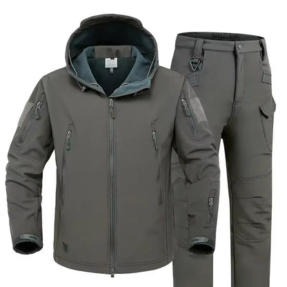 Winter Thicken Men Camo Suit Waterproof Tactical Training Set Multi-Pocket Hooded Jacket Fleece Pants Outdoor Hunting 2-Piece