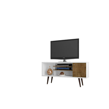 Liberty 53.14 In. White and Rustic Brown TV Stand Fits Tvs up to 50 In. with Storage Doors, Shelves and Cable Management