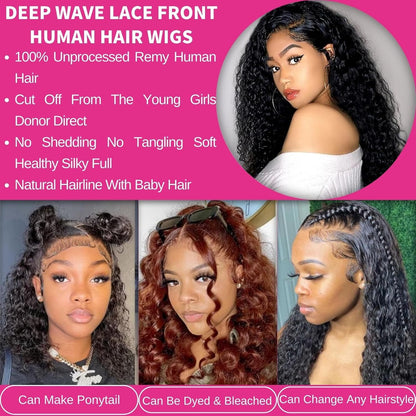 Glueless Wigs Human Hair Pre Plucked Pre Cut，Deep Wave Wig Human Hair 180 Density Hd 13X4 Lace Front Wigs Human Hair Unprocessed Curly Wigs for Black Women Human Hair Natural Black