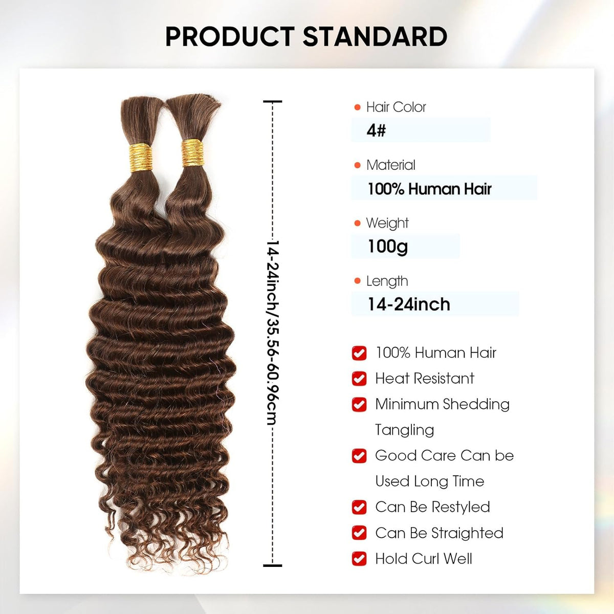 Human Braiding Hair 14Inch 100G Chocolate Brown Deep Wave Bulk No Weft Bohemian for 100% Brazilian Virgin Curly Extensions Boho Braids (