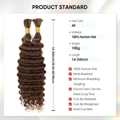 Human Braiding Hair 14Inch 100G Chocolate Brown Deep Wave Bulk No Weft Bohemian for 100% Brazilian Virgin Curly Extensions Boho Braids (