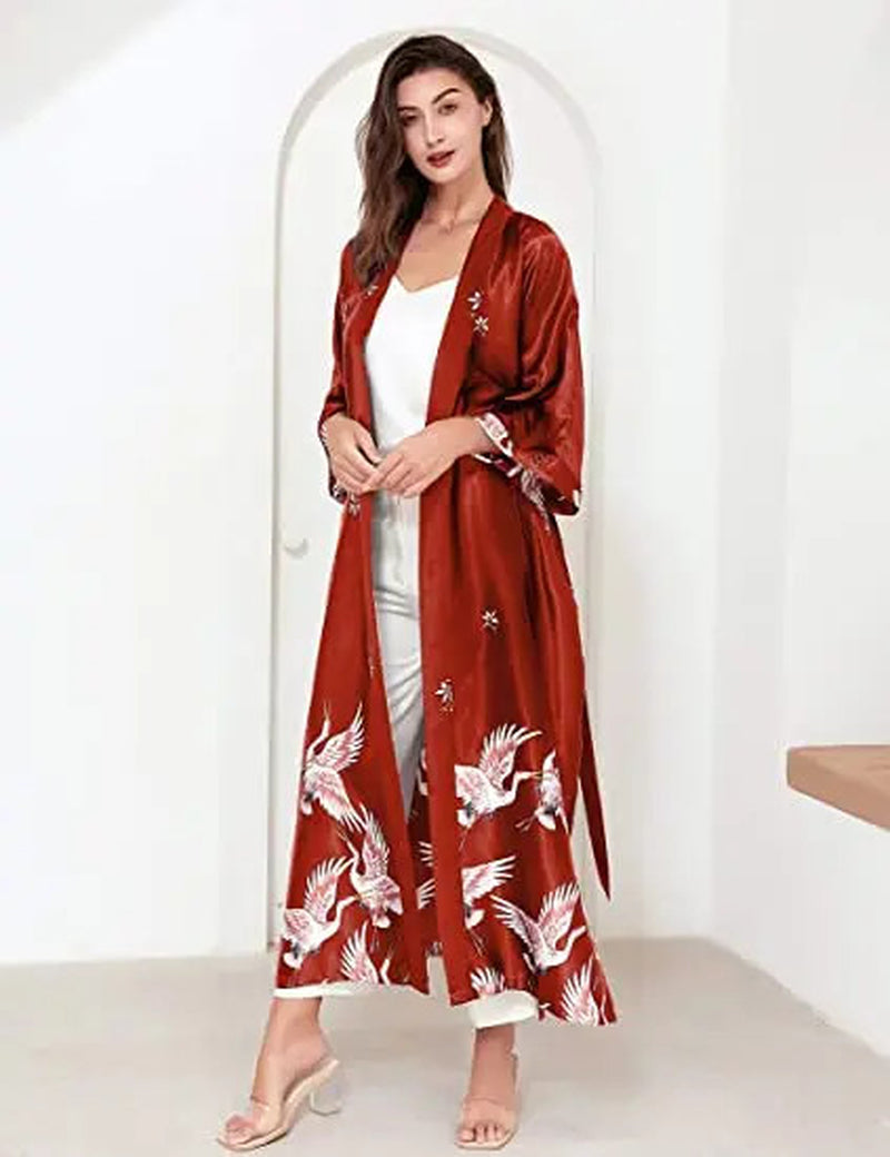 Satin Print Robe Kimono V Neck Knee Length Sleepwear Lounge Belted Fit