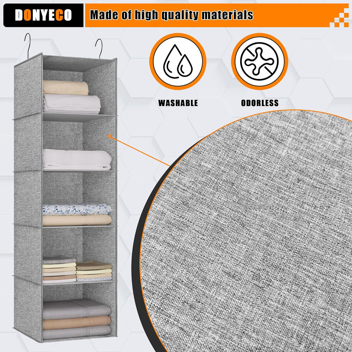 Hanging Closet Organizer 5-Shelf, Oxford Linen Wardrobe Storage, Gray