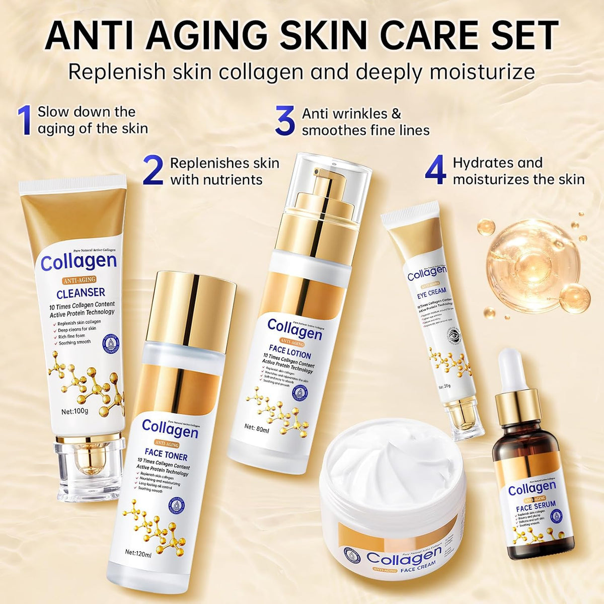 Collagen Skin Care Set, anti Aging Skincare Set for Face, Shrink Pores, Hydrate &amp; Firm Skin, 6 Pcs Individually Packaged Skincare Kits for Women with Cleanser, Toner, Lotion, Serum, Cream, Eye Cream.
