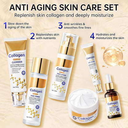 Collagen Skin Care Set, anti Aging Skincare Set for Face, Shrink Pores, Hydrate &amp; Firm Skin, 6 Pcs Individually Packaged Skincare Kits for Women with Cleanser, Toner, Lotion, Serum, Cream, Eye Cream.