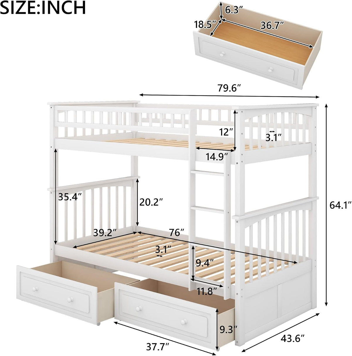 Boden Twin over Twin Bunk Bed with Drawers, Twin Bunk Beds, Convertible Platform Beds, Wooden Beds Frame with Storage Drawers, No Box Spring Needed, Space Saving for Small Apartment, White