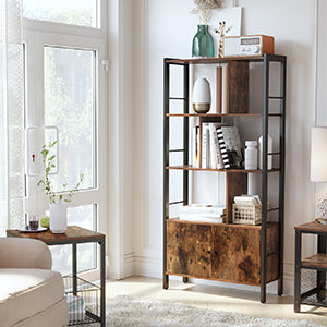 VASAGLE Bookshelf, Storage Shelf, Large Bookcase with Doors, 4 Shelves, Stable Steel Structure, Industrial Style
