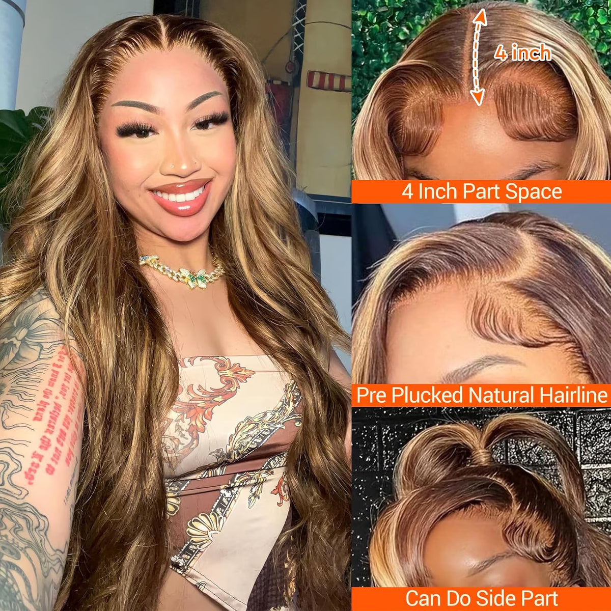 13X4 Highlight Ombre Lace Front Wig Human Hair Pre Plucked 4/27 Honey Blonde HD Transparent Colored Lace Frontal Wigs for Women with Baby Hair 180% Density Body Wave Lace Front Wig (24 Inch)