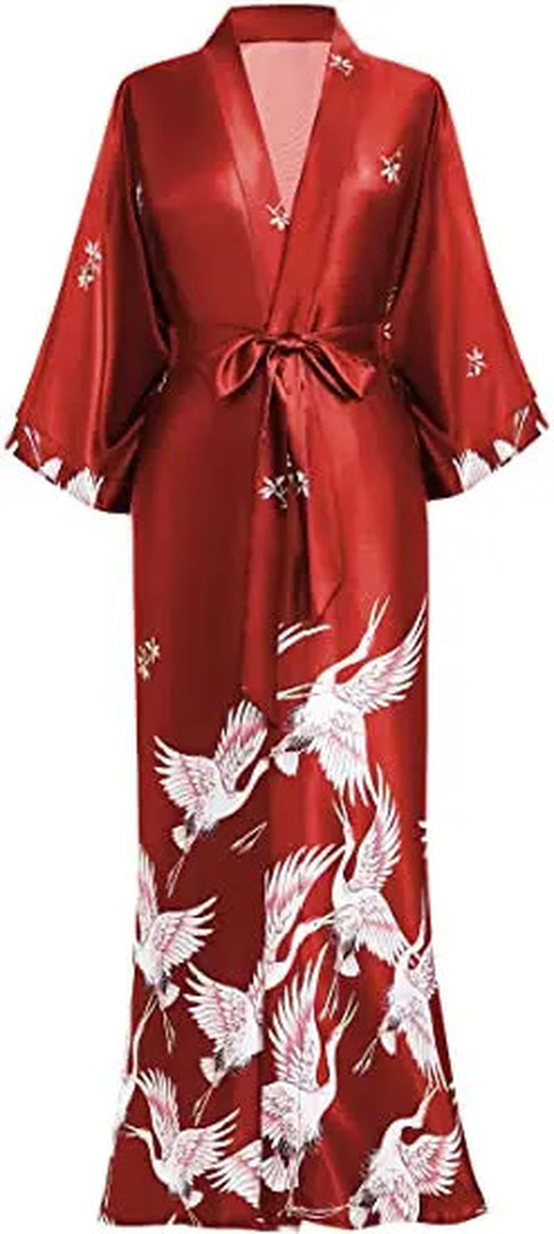 Satin Print Robe Kimono V Neck Knee Length Sleepwear Lounge Belted Fit